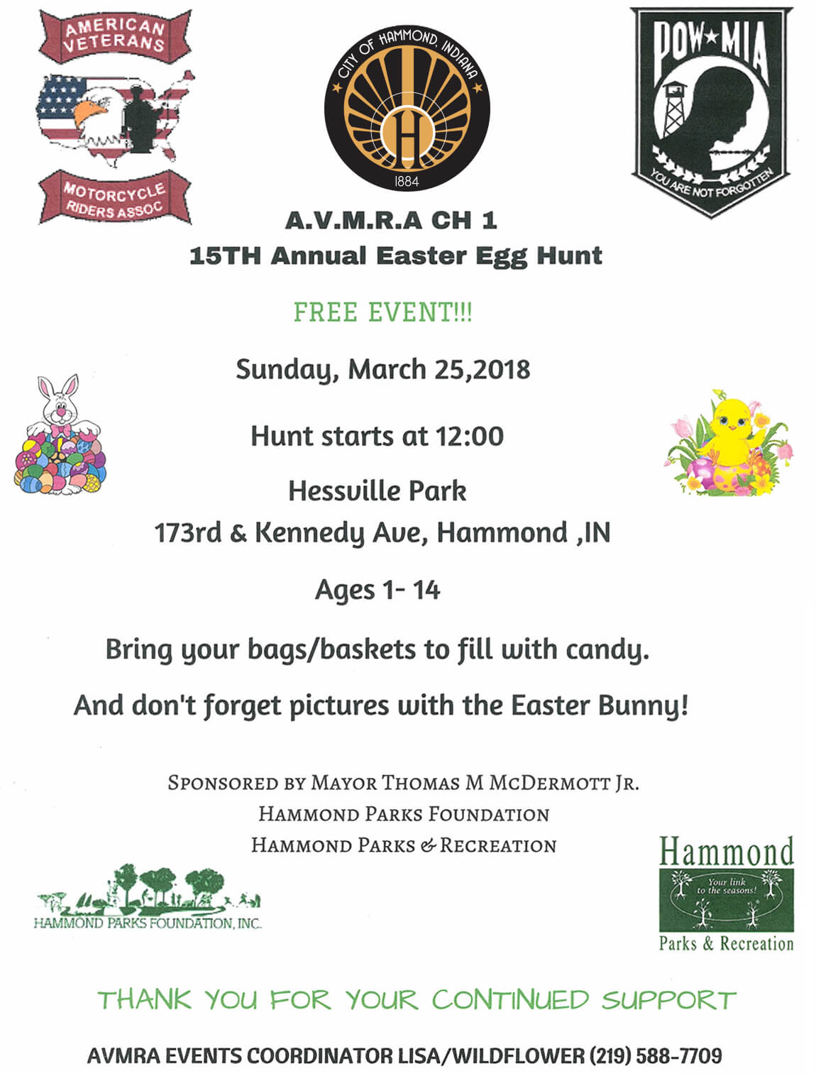 American Veterans Motorcycle Riders Association, Hammond Parks & Recreation and Hammond Parks Foundation invite you to attend our 15th Annual Easter Egg Hunt.