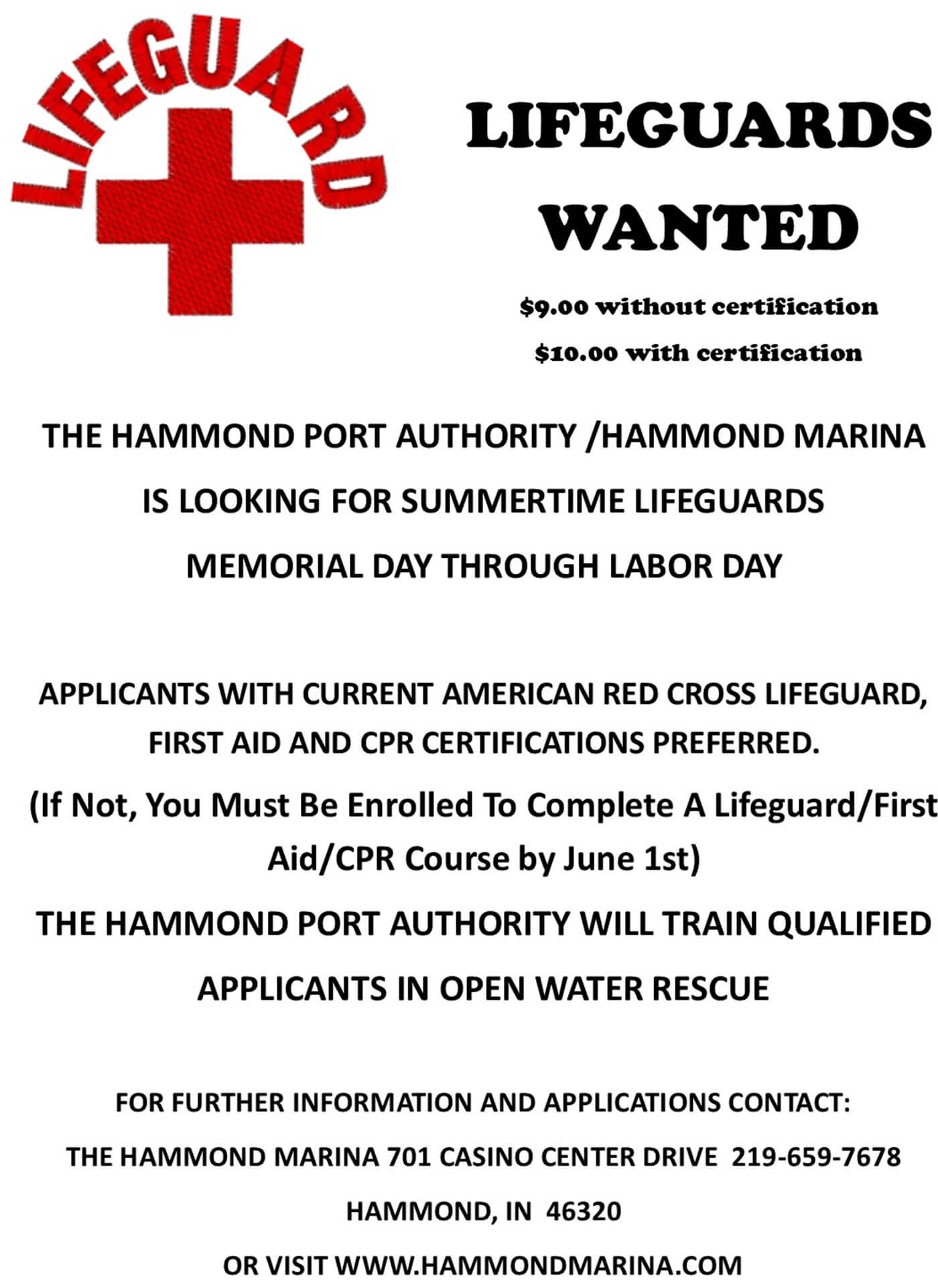 Hammond Marina Seeks Summer Lifeguards