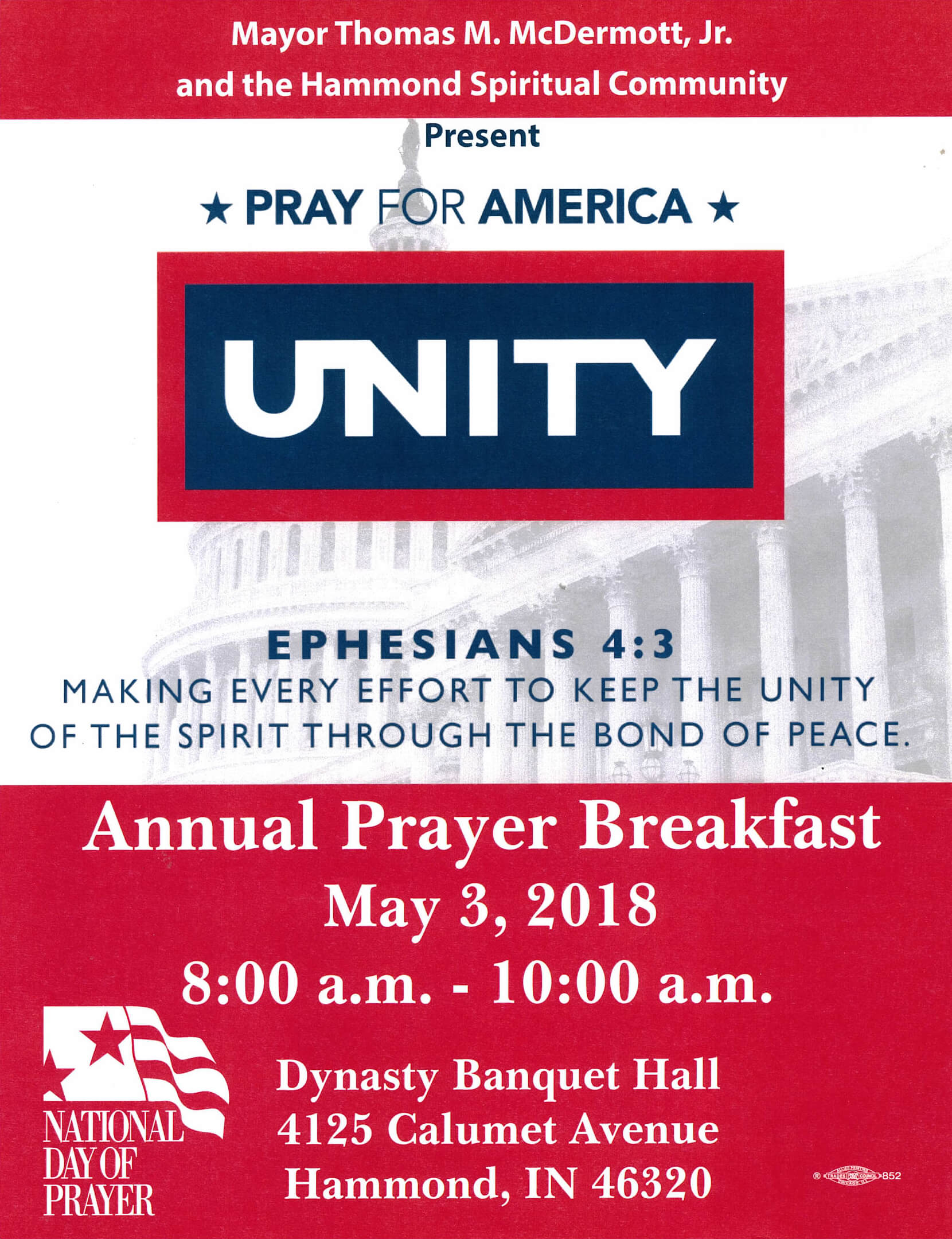 Mayor Thomas M. McDermott, Jr. and the Department of Community Development, will host the 2018 Annual National Day of Prayer.