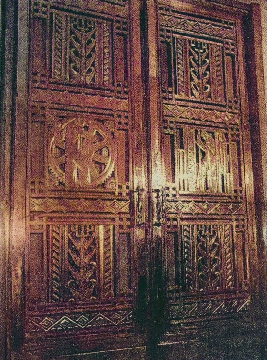 Bronze doors created by Iannelli, and installed on the west facing side of City Hall. (Colorized 2022)