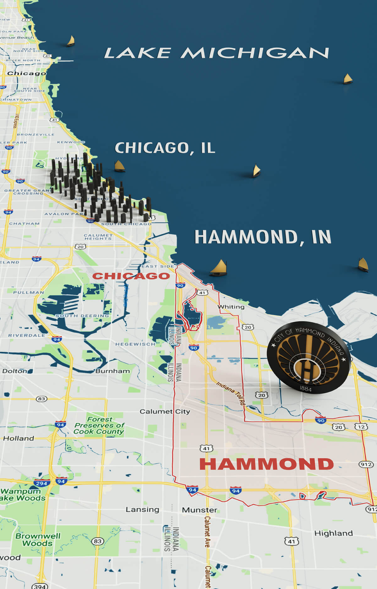 A map showing the proximity of the city of Hammond to the city of Chicago.