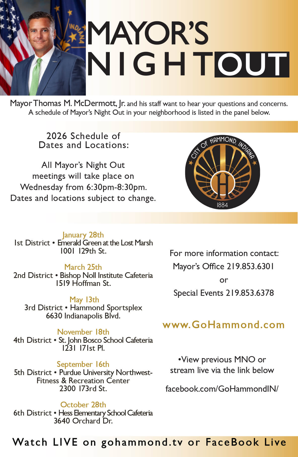 A flyer depicting the 2026 Mayor's Night Out schedule.