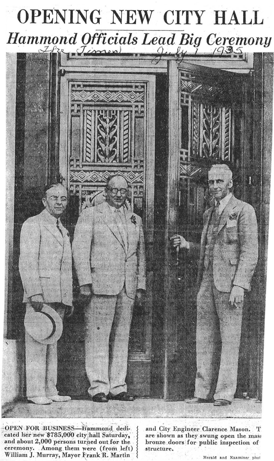 Opening day of new City Hall, William J. Murray, Mayor Frank r. Martin and City Engineer Clarence Mason, July 1, 1935.
