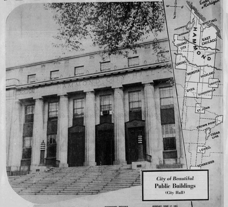 West façade of City Hall, detailing the columns, bronze doors, art Deco lighting and grand staircase, circa 1951.