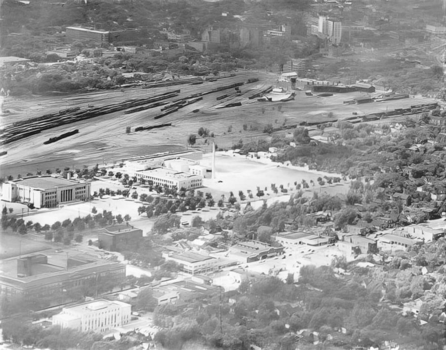Aerial view of Hammond, City Hall is located in the lower left corner, circa 1951.