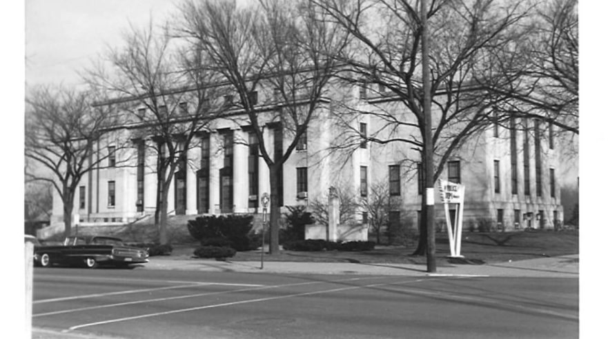 The south and west façade of City Hall, note the cannon Iannelli located on front of the southwest corner has been replaced with a War Memorial, circa 1962.