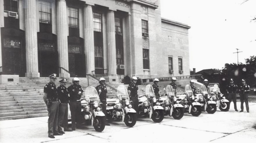 Police inspection in front of City Hall, circa 1971.