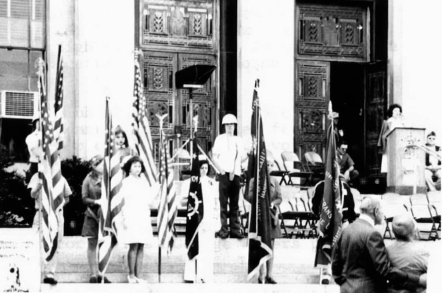 Presentation of colors on the steps of City Hall, for Bi-Centennial, circa 1976.