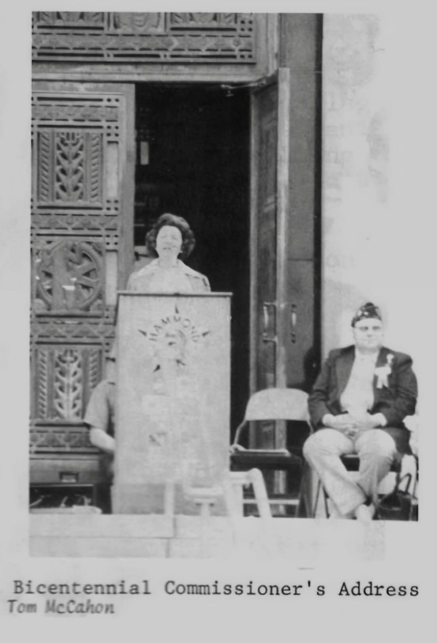 Bi-Centennial Commissioner’s address in front of the bronze doors of City Hall, circa 1976.