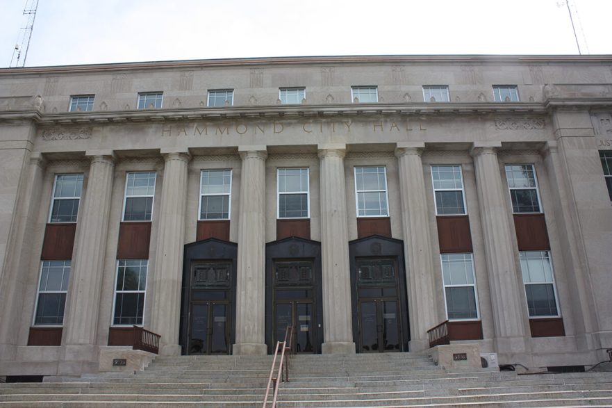 Hammond City Hall west façade, note the large bronze door frames that once housed Iannelli’s bronze doors, circa 2022.