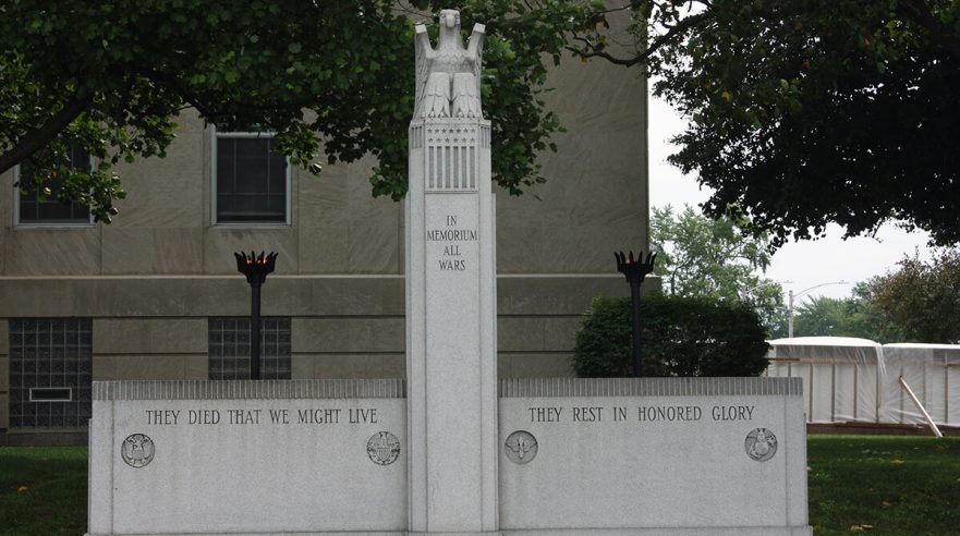 War memorial in front of the northwest corner of City Hall, circa 2022.