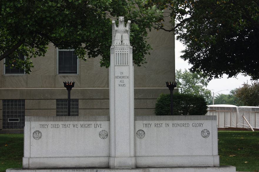 War memorial in front of the northwest corner of City Hall, circa 2022.
