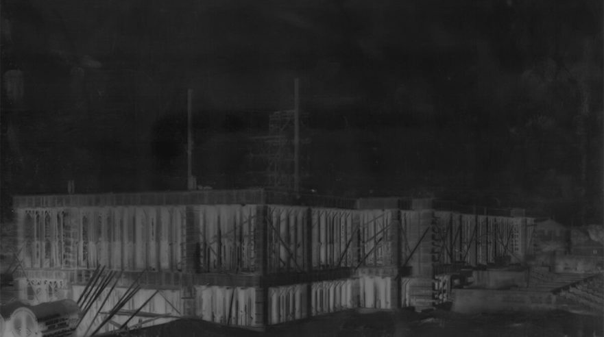 Negative image of ground and first floor exterior construction, September 26, 1931.