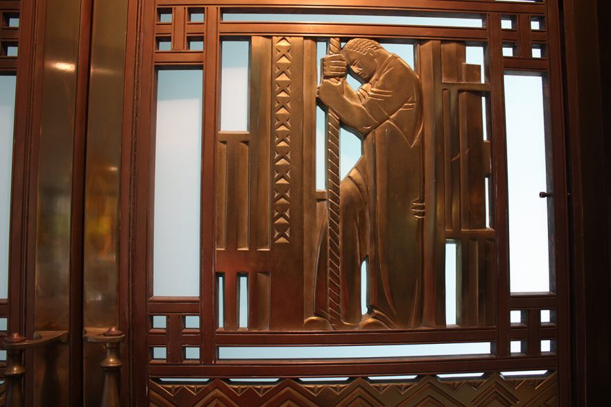 A center panel on one of the original Iannelli bronze doors that once hung on the main entrance to Hammond City Hall, now on permanent loan to Purdue University Northwest.