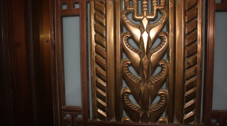 A top panel on one of the original Iannelli bronze door that once hung on the main entrance to Hammond City Hall, now on permanent loan to Purdue University Northwest.