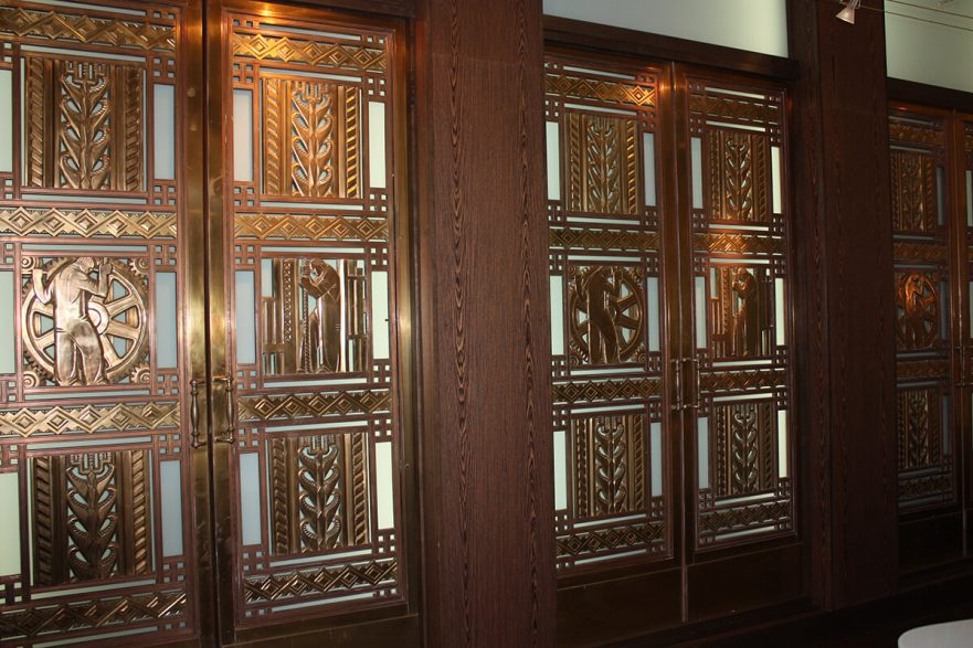 Six original Iannelli bronze doors that once hung on the main entrance to Hammond City Hall, now on permanent loan to Purdue University Northwest.