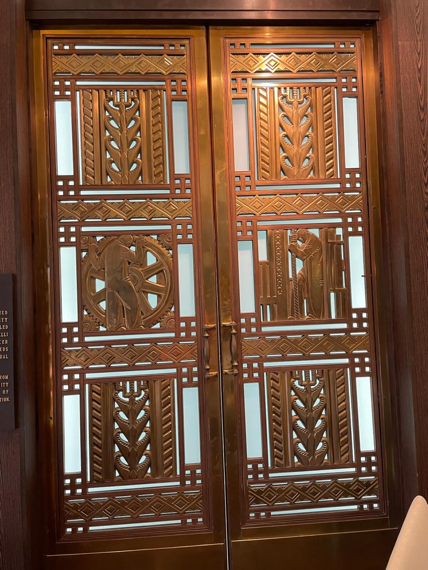 A pair of Iannelli bronze doors that once hung on the main entrance to Hammond City Hall, now on permanent loan to Purdue University Northwest.