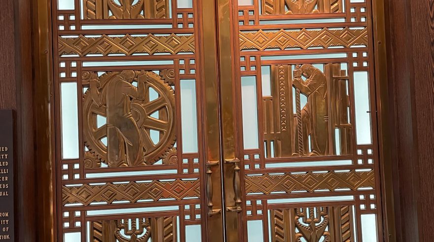 A pair of Iannelli bronze doors that once hung on the main entrance to Hammond City Hall, now on permanent loan to Purdue University Northwest.