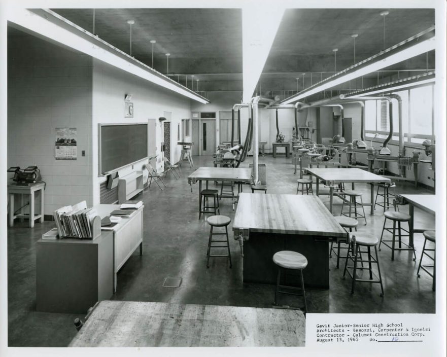 Shop classroom and work stations, note the filtration system and concrete ceilings, circa 1965
