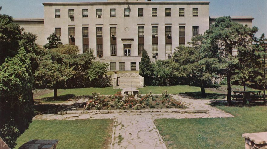 East façade of City Hall, with Sunken Rose Garden in the foreground, circa 1971.